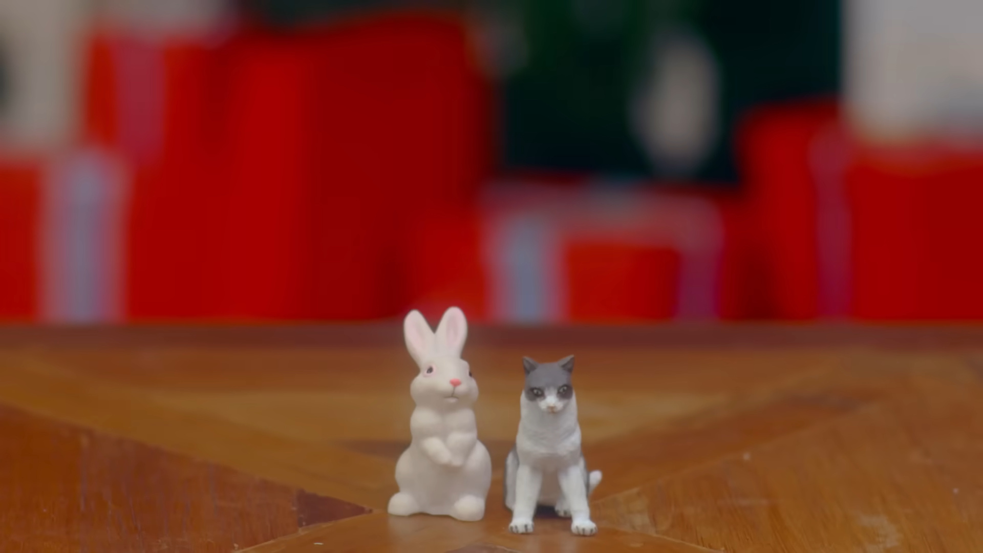 A rabbit figure and cat figure.